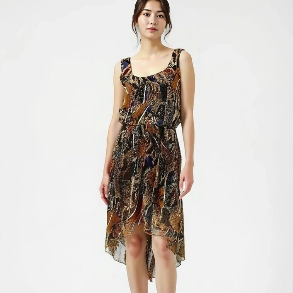 NWT 90s MSK Blue Black Gold Abstract Asymmetric Hi Lo Fit Flare Flowy Dress M 8